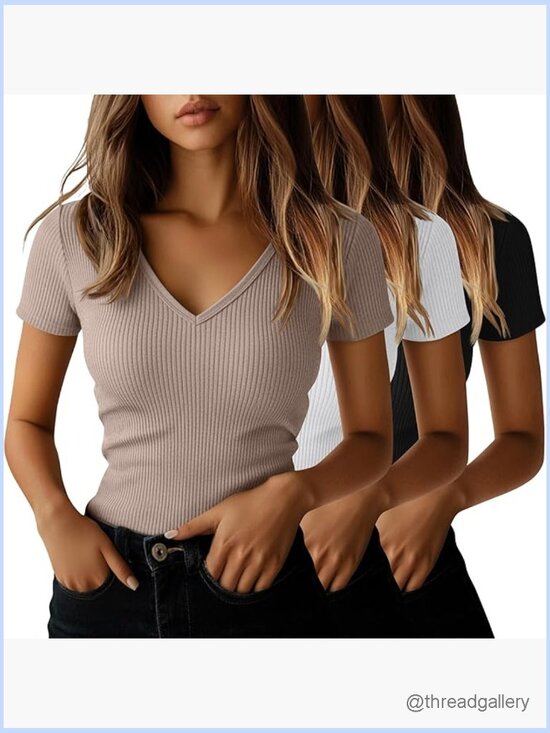 Tops - 3 Pack Women's Short Sleeve V Neck Ribbed Slim Fit Cotton T-Shirts